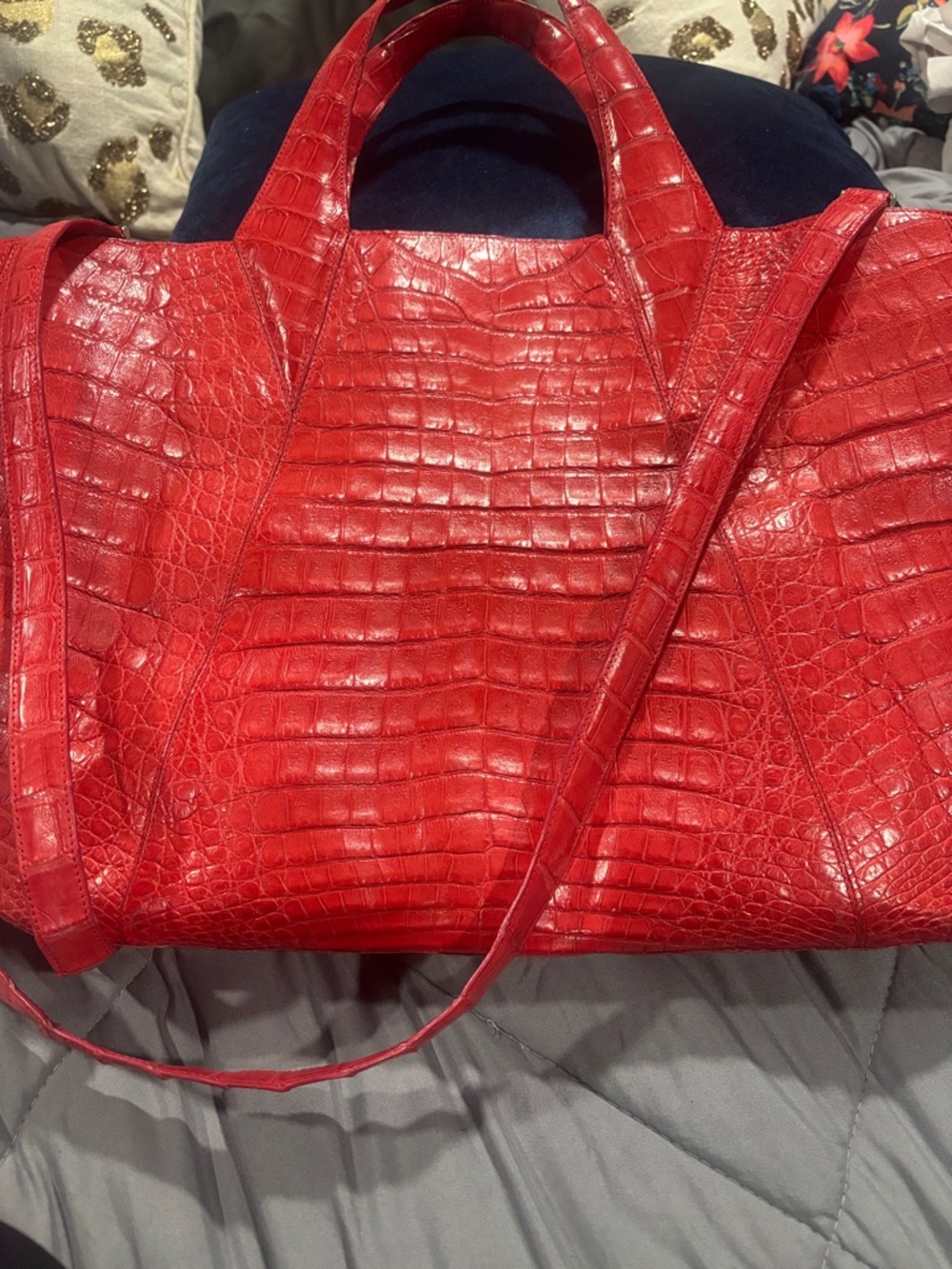 Nancy Gonzalez Glossy Red Croc-Embossed Tote with Shoulder Strap